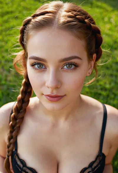 UltraRealistic photography, overhead shot, medium shot, at the park, sunny weather, European 18 years old woman, big sized boobs, wearing balconette bra, round face, bold lips, round eyes, glossy eyes, eyeliner, perfect makeup, red cheeks, slender body, cinnamon hair, two braids, (snub nose), view to viewer, happy view, symmetrical eyes, sharp focus, blurry background, highly detailed face, highly detailed lips, highly detailed eyes, highly detailed iris, dslr, skin pores, ultra high quality