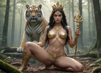 Indian goddess Durga, goddess of war, strong warrior body, 6 pack abs, gold ornaments, golden crown, gold necklace, trident in hand, smooth skin, temple in the forest, depraved, vulgar, perverted, insatiable, horny, legs up, fucked in the ass by a man, dense forest in background, pet tiger sitting behind, marble, gold, labia, clitoris, big, open, spread, closed, long, shaved, pubic, hair, bad, lighting, bright, 1-alpha, .5>, BJ_Sacred_beast, <lora:amateuranal:1>, <lora:SDXL_Sacred_beast:.5>