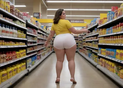 Thick bbw woman, thin waist woman thin arms, with insane massive saggy tits, massive ass, brunette medium haircut, side view in the supermarket, insane massive thick tights, thick calves, sandals, white jeans shorts, and short yellow blouse., super high quality imagen masterpiece, volumetric light, high resolution