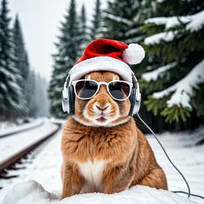 Singing rabbits wearing and sunglasses and headphones, santa cap, sitting in Christmas tree in the background is a train driving through the snow, forest, sharp focus, photorealistic, hyperrealistic, high resolution, very detailed, best quality