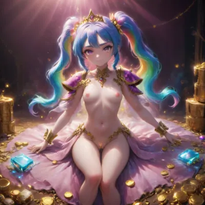 Crypto, Naked Girl, Extremely Gorgeous, Skinny, slim, Blue hair, Glowing Hair, Digital Environment, Digital Coins, Wealthy, Laying on the money, Tech, Wires, Dripping Pussy, Pink Background, Technology, Rainbow Rays, Flashing Lights, Digital Circuits, Electricity, Perfect Body, Pale Skin, Tiara, long Hair, Cute Looking, Sassy Face, Pigtails Hair, Sassy Smile, Floating, Sweet pussy, Floating Coins, Treasure, Gold luxury Belt, Rainbow layered Shoulder pads., <lora:add-detail-xl:.5>, detailxl, <lora:xl_more_art-full_v1:.5>