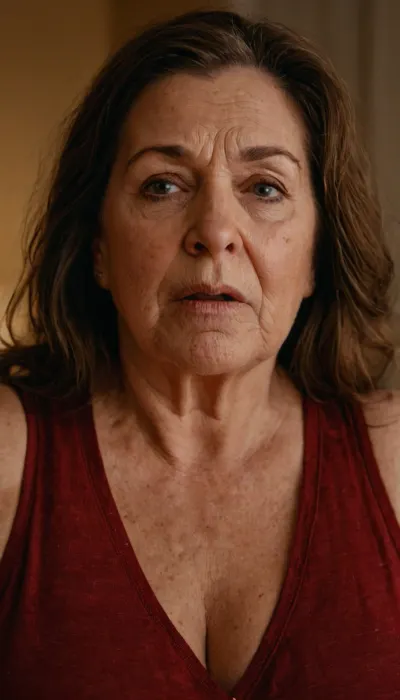 An ultra realistic portrait photo of a fat older woman wearing a tight v-neck sleeveless shirt standing in a modern bedroom with her fat tit hanging out of her shirt, brunette, bbw, round face, open mouth, looking at viewer, flirting, (expressive eyes, striking eyes, captivating eyes, mesmerizing eyes), (detailed skin texture, skin imperfections), (age-appropriate skin condition, wrinkles, wrinkled skin, wrinkled face)