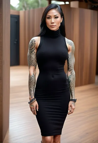 woman, ASIAN SUPERMODEL, MUSCULAR, VERY BROAD MUSCULAR SHOULDERS, VERY TALL, PERFECT ATHLETIC BODY, SLIM HIPS, SLIM WAIST, VERY LONG VAVY HAIR, ((very loose SLEEVELESS BLACK FLUFFY WOOLLEN DRESS)), SEXY FACE WITH HIGH CHEECK BONES, perfect MASSIVE breasts, slim hips, slim waist, PERFECT STRAIGHT NOSE, PERFECT LIPS, TATTOOES ALL OVER SHOULDERS AND ARMS, (((((Tattooes COVERING ARMS AND SHOULDERS))))), TATTOOES, TATTOOES COVERING ARMS, <lora:uberfit_lora_sdxl:.5>, <lora:AtomictitsXL:.5>