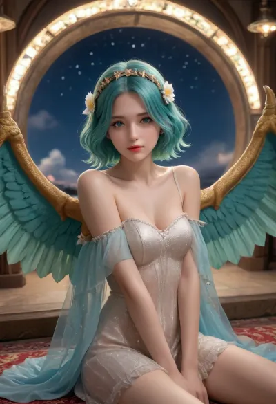 1a girl is sitting in a beautiful pose, with turquoise neon hair and hiding behind large beautiful ornate wings, next to a dragon, against the background of the starry sky, glitter stars, powdery shades, high resolution 5d surrealism