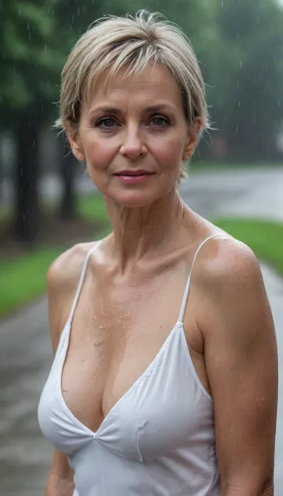 60 year old Polish woman in the rain. short hair, full figure, very deep cleavage, white top