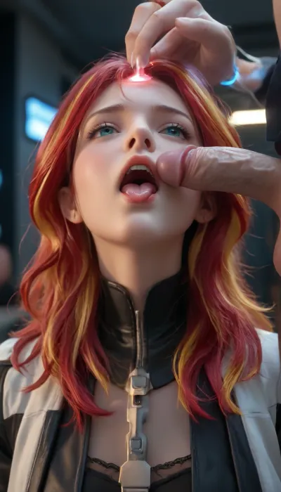 Sunset Shimmer, full height, cyberpunk, BlowJobFullQuiron, style, fellatio, oral, open, mouth, tongue, <lora:quiron_BlowJobFullQuiron_v1_Lora:.5>