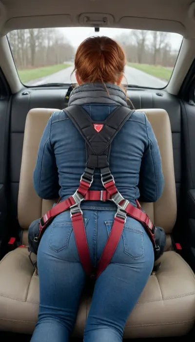 (Parachute harness), full body view from behind, Beautiful mature redhead wearing puffy coat and tight jeans, strapped in car seat with racing safety harness