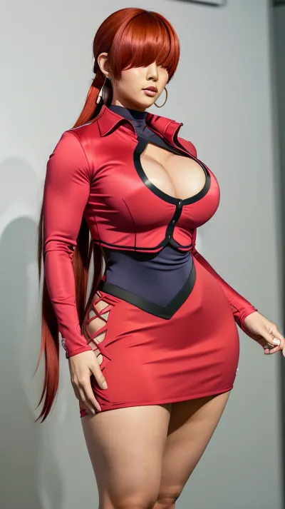 masterpiece, best quality, highres, asian, red hair, thick body, big natural breasts, thick thighs, hourglass figure, she1, (hair over eyes:1.1), split ponytail, clothing cutout, earrings, jewelry, miniskirt, pink white skirt, leotard, pink white jacket, long sleeves, cowboy shot, standing, concert stage, <lora:shermie_v10:1>, <lora:hair_over_eyes:.5>