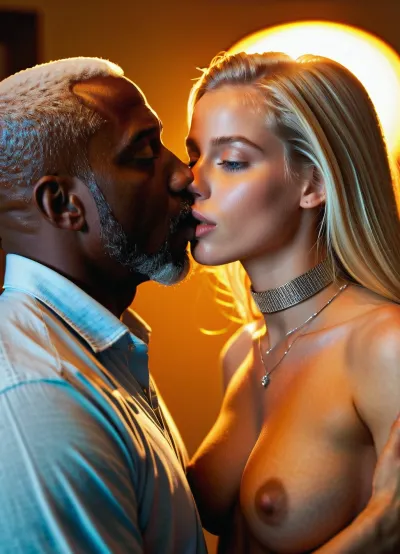 Sexy white girl with Blonde hair blue eyes of age 18 with old black man, love making, old black man, young white girl, athletic girl, obese man, young woman, old man, fat man, skinny girl, white girl, black man, passionate kissing, no bra, no panties, completely naked girl, nude girl, diamond choker, best quality, ultra-detailed, masterpiece, finely detail, highres, blonde hair, blue eyes, European girl, African man, (realistic:1.2), (ultrarealistic:1.2), colored rays, detailed face, beautiful eyes, perfect lighting, (best shadow), fccid, blkd, upright, straddle, <lora:hipoly3DModelLora_v10:.2>, french, kiss, <lora:french_kiss_xl_v1:.5>