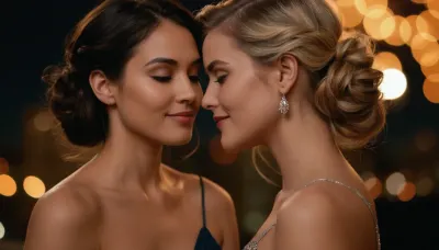An intimate and personal romantic rooftop scene on New Year's Eve, a lesbian couple poised in a moment of tender anticipation just before their first kiss of the year. Both women are dressed in elegant New Year's Eve party gowns—one in a flowing, midnight blue gown with delicate silver embroidery that catches the light, the other in a sleek, champagne-colored gown with a subtle shimmer. Their hair and makeup are sophisticated and flawless, one has her dark hair styled in soft, cascading waves with a side part, adorned with a subtle hairpin, while the other has her blonde hair elegantly pulled back into a chic updo, with a few loose strands framing her face. Their makeup is polished yet natural, with soft smoky eyes, a hint of blush, and a touch of glossy lip color. Their faces are close, their foreheads nearly touching, as they make deep, loving eye contact. Their eyes glisten with emotion, filled with affection and anticipation, illuminated by the soft glow of string lights and the vibrant colors of the fireworks bursting above. The city skyline stretches out in the background, softly blurred to emphasize the couple. The scene is captured with a Canon EOS R5 camera paired with a Canon RF 85mm f/1.2L lens, renowned for its shallow depth of field and ability to render stunning bokeh. The lens highlights every detail of their expressions—the faint blush on their cheeks, the subtle curve of their smiles, and the way their eyelashes catch the light. Cinematic lighting, ultra-detailed, photorealistic, vibrant colors, 8K resolution, soft focus on the background, sharp focus on the couple, capturing the essence of intimacy, love, and the magic of a shared moment., ziprealism