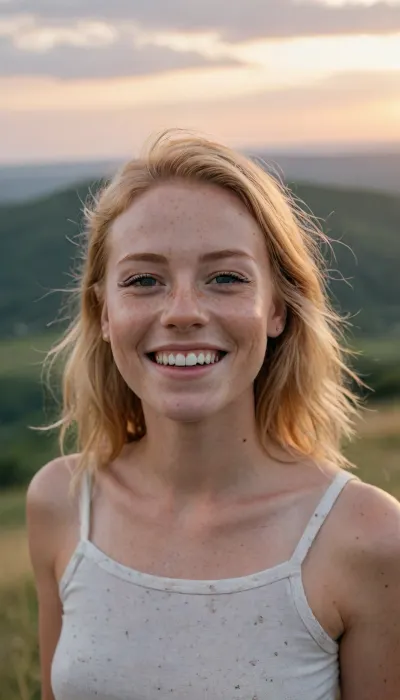A high detailed photo of a freckled smiling woman on a hilltop, blonde hair, sunset, summer vibes, teeth, braces, Freckles, badIrisNeg, braless, Wearing, clothes, that, make, sense, with, Braless>, <lora:DataSetTeeth:.3>, <lora:Freckles:.3>, <lora:bralessSDXL_v1_00022:.3>