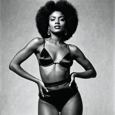 happy black Women, proudly showing her petite body, masterpiece, tiny waist, fashion magazine photography, dramatic, Helmut Newton style, black and white photo, 1977, portrait