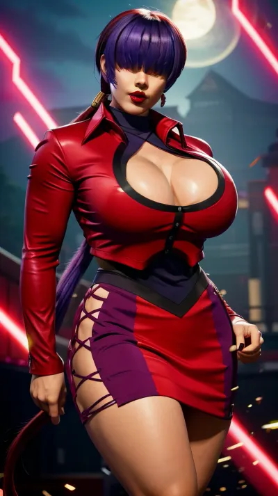 masterpiece, best quality, highres, asian, purple hair, red luscious lips, thick body, big natural breasts, thick thighs, hourglass figure, she1, (hair over eyes:1.1), (pink fingernails), split ponytail, clothing cutout, earrings, jewelry, miniskirt, red skirt, leotard, red jacket, long sleeves, cowboy shot, standing, concert stage, <lora:shermie_v10:1>, <lora:hair_over_eyes:.5>, hair, over, eyes, <lora:Concept_hairovereyes-10:.5>, Orochi_Shermie, <lora:Orochi_Shermie:.5>