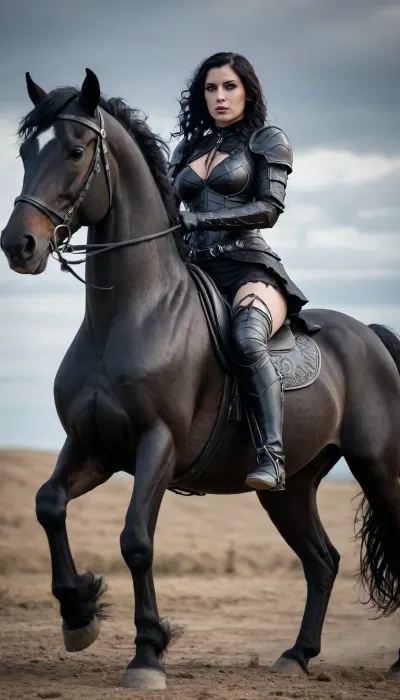 beautiful sexy thick 30 year old goth woman, medium black wavy hair, all black revealing fantasy armor, shows leg, shows breast, breast out, riding a black horse