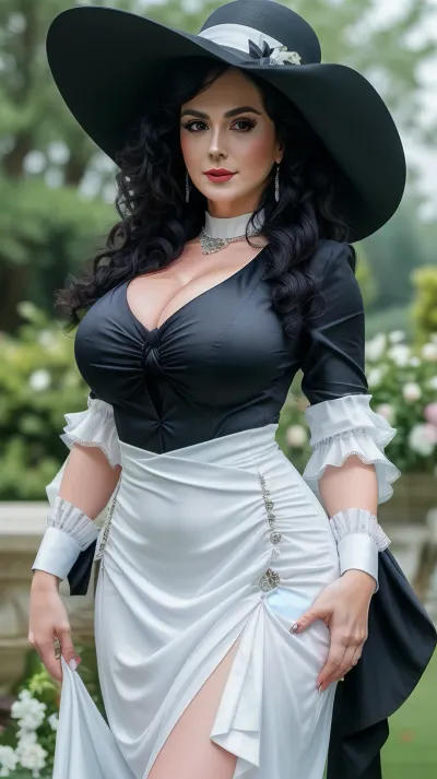 full body shot, (Lady Dimitrescu), (best quality:1.4), (ultra highres:1.2), (photorealistic:1.4), (8k, RAW photo:1.2), (soft focus:1.4), (sharp focus:1.4), (detailed cloth:1.4), mansion, woman, 50 years old, milf, white dress, black hat with large brim, (huge boobs:1.2), (huge hips:1.1), black hair, curly hair