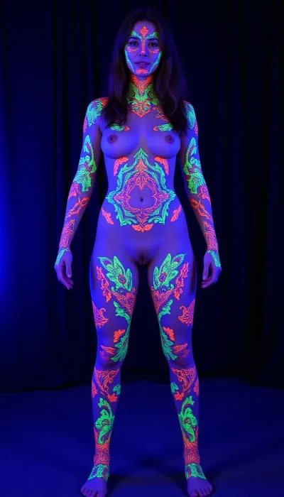 full body view, full naked woman, multicolored light patterns covering the entire body, (strong contrast:1.95), futuristic painting of the whole body, body with fluorescent paint, glowing from ultraviolet light, pretty slender girl, (very hot body:1.4), (visible vagina:1.18), (vagina with high detail:1.18), (clitoris:1.12), (very detailed hair:1.18), huge labia, sexy athlete relief body, (toned muscles:1.3), (relief abs:1.1), (long legs:1.2), elegant, (huge round breasts:.8), huge natural breasts, long eyelashes, very long healty bright curly hair, colorful light, (transparent silhouette:1.28), bright and surreal, shining light, sacred geometry, surreal futurism, breathtaking views, cinematic composition, bright colors and exquisite details, phosphorescent, (dynamic light), iridescent and fluorescent scales, rays of light, lightgeo, kkw-Soft Light, kkw-Natural Light, kkw-Hard Light, Hongjourite, Hongjou, HonjouRaita, Honjou, Raita, exposes, dilated, cervix, spread pussy, vulva, clitoris, urethra, realistic, spread, lulublair, gaping, vaginal, hole, solo, predator's eyes, piercing sexy seductive look, mysterious scene, fog, haze, glowing water, (multicolored light:1.1), inside an alien temple