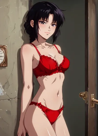 Black hair, braid, medium breasts, cute, 18 years old, cute and sexy pose, naked, skinny, entrance hall in the apartment, red sexy lingerie, seductive smirk, leaned against the wall by shoulder, bare legs, <lora:NEOTOKIOXL_0.2_RC:1.4>