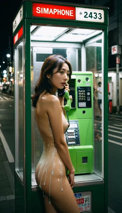 Photograph, focus lens, long shot, outdoors, night, public, beautiful Japanese lady, lady inside public phone box, naked, phone box full of gooey white slime, lady drowning, slime up to waist, Japan, Payphone, telephone, box, scenery, <lora:Japan_Payphone_SDXL_V2:.5>, <lora:678016_training_data:1>