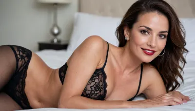 a slim 48 year old woman with messy dark hair knot, and brown eyes and small perky breasts and tanned skin and no makeup lying prone on bed, perfect eyes, seductive view, smiling, perfect nipples, side view, dark redlipstick, body stocking, earrings, belly piercing, perfect fingers, non nude, strapeless bra