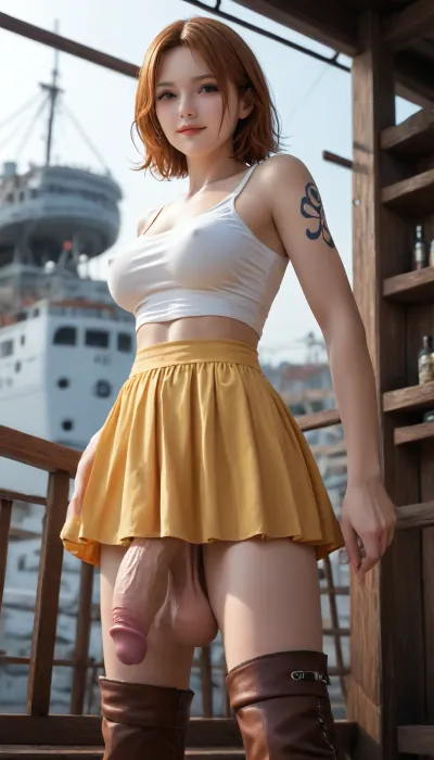Nami is a young, slender woman of average height with red hair and light brown eyes., (((On her left shoulder is a blue tattoo of a stylized pinwheel and a tangerine))), dressed in a white tank top with three blue vertical stripes down the center and two on the collar, her signature yellow short skirt, (very short skirt), and brown high-heeled boots., erection, 1 girl, small waist, busty, large breasts, hard nipples, bare shoulders, blush, bare chest, collarbone, cowboy shot, curvy, futanari, smirk, huge dick, huge balls, lipstick, looking at viewer, makeup, blush on nose, open mouth, dick, saggy balls, smile, solo, standing, balls, thighs, (in the ancient port, many sailing ships), (side view), (front view), (bottom view), (top view), (back view), (general plan), full growth, ((detailed generation, detailed rendering, 4K, 8K, 16K, QUALITY, HIGH QUALITY HIGH DETAIL CGI, 4k))