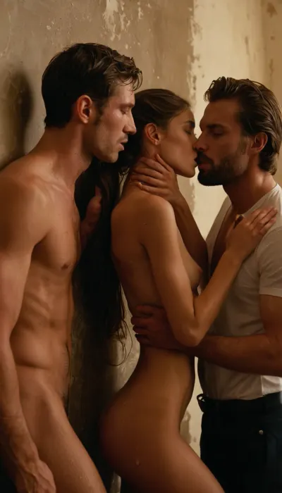 A girl being pushed against the wall by a two tall Handsome boys, man's hands are tightly wrapped around her throat, (sex with skinny girl:1.4), photorealism, gangbang, sex, double penetration, wet pussy, sperm on face