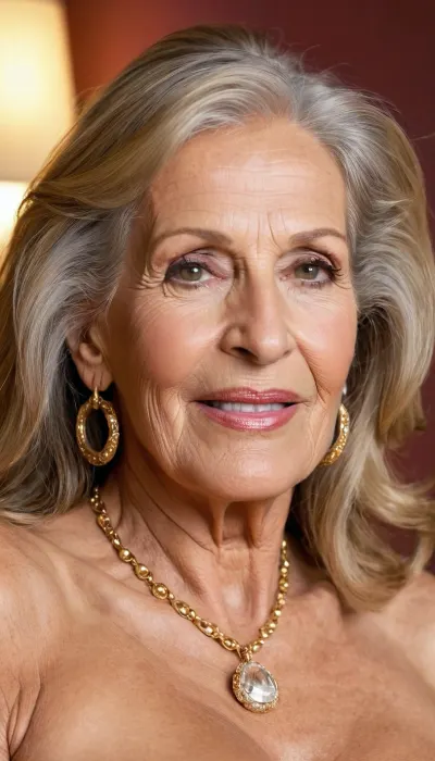 old granny mature, sexy 80 years old, dark blonde, tan skin, long hair, glamour, big hoop earrings, necklace, gold necklace, very sexy and horny, very small saggy tits, small saggy boobs, looking at the camera, naught horny smile, face and boobs focus, sexy eyes, big nose, naked, seaggy tits, sexy big lips, fancy lady, glamour sexy mature, huge long chin, big chin, very long face