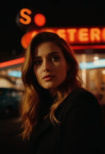 (avant-garde snapshot aesthetic, deep saturation, shadowy vignetting, light leaks, film grain, bokeh:1.4), adoring wife, outside neon retro diner, perfecteyes, <lora:PerfectEyesXL:.4>, sunnyrayyxo, <lora:sunnyrayyxo_v1_SDXLBase:.4>