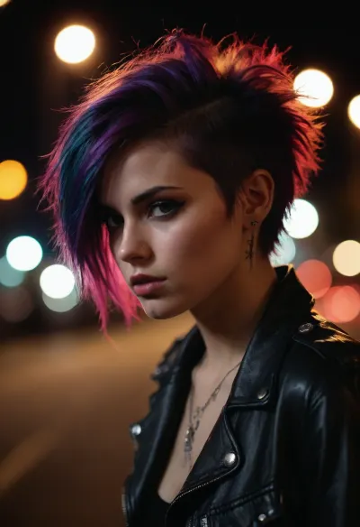 avant-garde snapshot aesthetic, deep saturation, shadowy vignetting, light leaks, film grain, bokeh, night, vibrant punk rock hair

ZipRealism