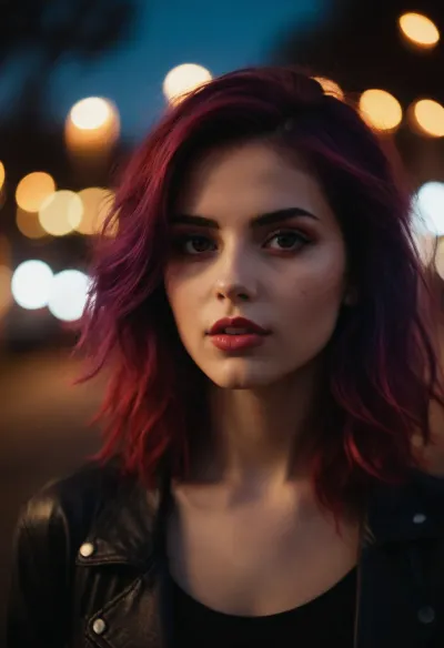 (avant-garde snapshot aesthetic, deep saturation, shadowy vignetting, light leaks, film grain, bokeh, night:1.4), vibrant punk rock hair