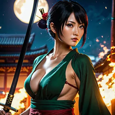 Realistic, Cinematic, Spotlight, A japanese woman, 30 years old, Natural medium breasts, small waist, big hips, thick thighs, roronaoa zoro cosplay, top wields a glowing dark-red katana. Her short black hair partially obscures her intense, red-eyed gaze. Sparks and embers fly around her in the dimly lit, blurred background.