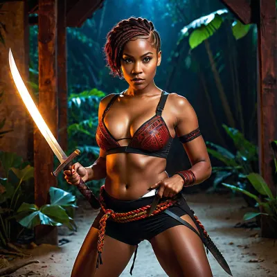 Realistic, Cinematic, Spotlight, a afroamerican woman, 30 years old, Natural medium breasts, small waist, big hips, thick thighs, modern ninja cosplay, top wields a glowing dark-red tribal machete. Her short braided hair partially obscures her intense, red-eyed gaze. Sparks and embers fly around her in the dimly lit, blurred background., <lora:EnvyAssassinXL01_base_prodigy_weighted_hires_20230901-104515:1>