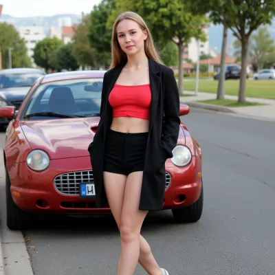 Una prostituta callejera. Lleva un top negro, una chaqueta roja, micro falda de cuero negra, medias de rejilla y zapatos de tacón. Junto a un coche que se ha parado.