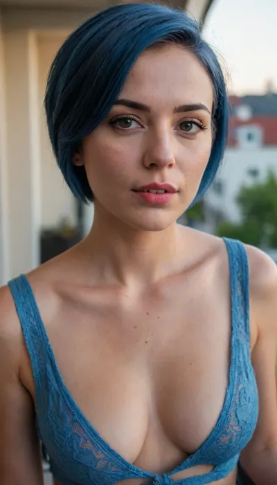 A high detailed portrait of a woman on a balcony, looking at camera, flirting, seductive look, biting lip, short blue hair, late evening, summer vibes, deep cleavage, low cut sexy top, badIrisNeg, clothes, 1990sanalogphoto, light, leak, Detailed, natural, skin, and, blemishes, without-makeup, acne, biting, own, lip, <lora:1990sAnalogStyle:.7>, <lora:skin_4-000015:.7>, <lora:384729_training_data:1>