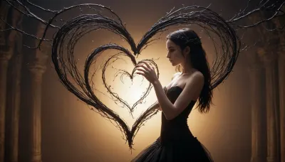 ((full body view)), ((wide angle view)), anorexic, small breasts, Fae Reaching for a Giant Heart, A goth fae, (fairy), with elongated, delicate fingers reaches out toward a gigantic, glowing heart floating in the air. The heart is encased in twisted black vines, and a small raven with exaggerated wings sits atop, watching.