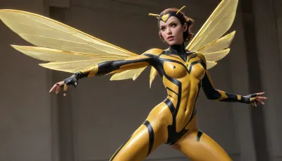((full body view)), ((wide angle view)), anorexic, naked, small breasts, Full shot of Wasp, a comic book superheroine.&nbsp;
Wasp is depicted in a dynamic pose, angled slightly to her right, with her body oriented in a way that suggests movement or action. Her costume is a sleek, black bodysuit, seemingly made of or resembling a shiny material like latex or vinyl. Bright yellow accents are visible on the chest and torso segment of the suit.&nbsp;
Her large, translucent yellow insect-like wings, characteristic of her superhero costume, are outstretched and angled out to each side. Her hair is short and dark. Her expression is firm but not overtly aggressive, with her eyes looking off to the side and eyebrows slightly arched.&nbsp;Her hands are slightly raised.&nbsp;&nbsp;
The background is a solid, muted, light orange/yellow color.&nbsp;The overall style is highly stylized, with a focus on action and character design, likely from a comic book or graphic novel., <lora:FLUX-daubrez-DB4RZ-v2:.8>, DB4RZ, DB4RZ style painting, <lora:t0m4zdrawing:.6>, t0m4z
