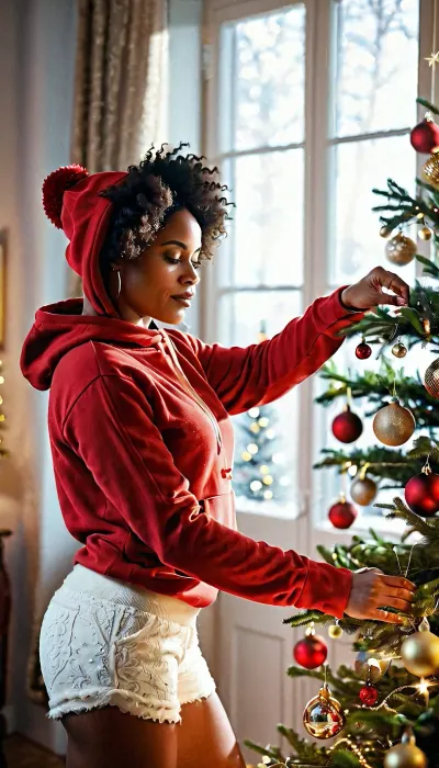 A woman decorating a Christmas tree, The Christmas spirit is here, the room is cozy, a visible window, with the moon shining bright, a woman, gorgeous, afro-american, 30 yo, thick body, with a rolled up red hoodie sweater, rolled up, showing her cleavage, white laced shorts, she's decorating a beautiful Christmas tree