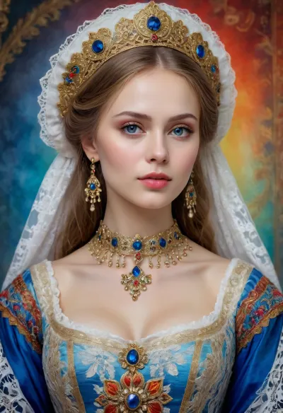 Portrait of a Russian beauty in national costume, lace filigree of bright, rich color. Super clear, highly detailed watercolor, glaze technique, plus colored alcohol ink, style of V. Vasnetsov