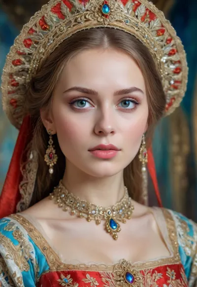 Portrait of a Russian beauty in national costume, lace filigree of bright, rich color. Super clear, highly detailed watercolor, glaze technique, plus colored alcohol ink, style of V. Vasnetsov