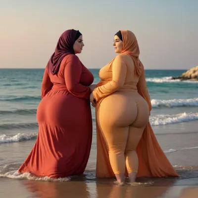 Ssbbw, two Woman arab hijab on beach, cellulite ass, big ass, fat cellulite