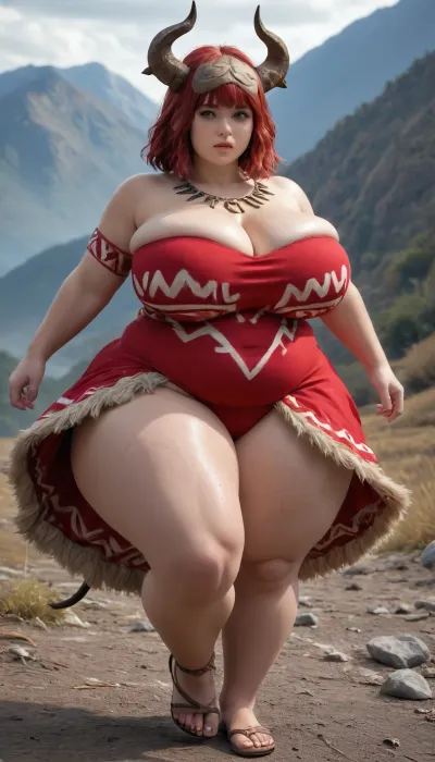 Gigantic wide hips, (chubby:1.4), (plump:1.4), vivacious, adrenaline, sweat, thick thighs, massive fat ass, (horns growing from head:1.6), maniacal, red hair, soaring, mountain, (wearing tribal dress:1.4), action shot, massive breasts, gigantic ass, chunky, stretch marks