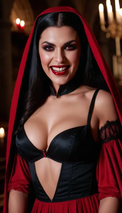 closeup of a dark demonic sexy nun with a completely dark red and black habit, big tits and a very deep cleavage, a luscious evil broad smile, blood red eyes, (sharp vampire like teeth:1.5), in a blood red lit very dark shadowy church at midnight, masterpiece, 8K UHD