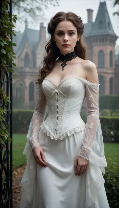 A Victorian-inspired scene featuring a young woman standing in the misty garden of a haunted mansion. The woman is dressed in a dramatic, elegant white corset gown adorned with delicate lace details along the sleeves and neckline, evoking a gothic yet refined aesthetic. Her porcelain skin glows softly in the ambient light, contrasting against her dark attire. Her high-piled, intricately styled hair features voluminous curls and loose strands framing her face, lending an air of grace and mystery. She wears a choker with a black pendant, adding a subtle touch of sophistication to her ensemble. Her expression is one of gentle curiosity and subtle unease, her large, expressive eyes drawing the viewer into the eerie atmosphere.
The background reveals the imposing haunted mansion, its towering architecture characterized by steep gables, intricate woodwork, and ivy crawling along its weathered walls. The mist rolls across the garden, partially shrouding the wrought-iron fence that encircles the property. The faint silhouettes of twisted, barren trees loom in the distance, their skeletal branches reaching towards a pale, overcast sky.
The scene is bathed in a moody, diffused light, with warm hints of sunlight breaking through the mist to highlight the mansion's aged stonework and the soft petals of blooming roses scattered throughout the garden. The ethereal fog, combined with the timeless beauty of the setting, immerses the viewer in a gothic tale filled with mystery and elegance.