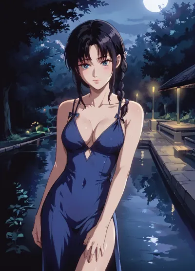 Black hair, braid, medium round breasts, cute, 18 years old, cute and sexy pose, naked, full hd, high quality, 4K, skinny, sexy shiny tight cobalt blue dress with slit, near lake in park, standing, grabbing bare thigh under slit, seductive face, moonlight, cleavage, night, <lora:NEOTOKIOXL_0.2_RC:1.4>