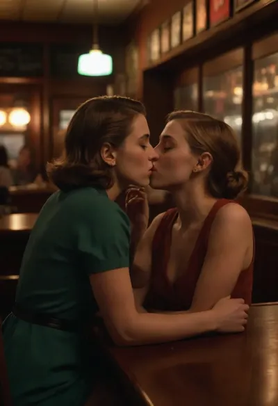 TWO LESBIAN FRIENDS kissing in a bar in the style of EDWARD HOPPER Nighthawks