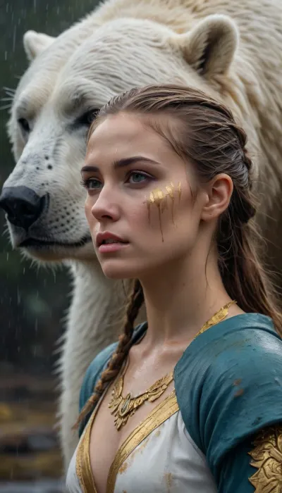 An intricately detailed, fierce female warrior adorned in war paint, her solemn expression reflecting strength and resilience. Her head faces inward toward a large majestic white and gold polar bear, their eyes both closed in a powerful, emotional scene. The pouring rain adds texture, blending with her messy hair and rough paint strokes. The scene is drenched in white, gold, yellow, blue, green, and brown hues, casting dramatic light and shadow. The deep colors and rough textures emphasize their unbreakable bond, with every detail meticulously rendered in a matte painting