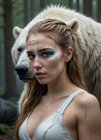 An intricately detailed, fierce female warrior adorned in white war paint, her solemn expression reflecting strength and resilience. Her head faces inward toward a majestic white and gold polar bear, their eyes both closed in a powerful, emotional scene. The pouring rain adds texture, blending with her messy hair and rough paint strokes. The scene is drenched in white, gold, blue, light blue, green, and brown hues, casting dramatic light and shadow. The deep colors and rough textures emphasize their unbreakable bond, with every detail meticulously rendered in a matte painting, moody, forest, <lora:363711_training_data:.5>
