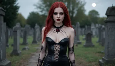 A young thin absolutely naked girl with long straight red hair, vampire bite, vampire fangs, European appearance, red eyes, deathly white skin, walks through an old abandoned cemetery, bright black lipstick on the lips, lips not closed, dark magic, Light mysterious smile, Gothic makeup, small perky breasts visible through transparent clothing, black roses, gloomy face, a giant cobweb, Bare ore, dusk, night, full moon, bat, black tight-fitting leather clothes, long nails, very high-heeled shoes, stripes, fishnet stockings. Super realistic, white skin, blush, very detailed face, perfect lighting, clear image, ultra-detailed images, bright red eyes, highest quality