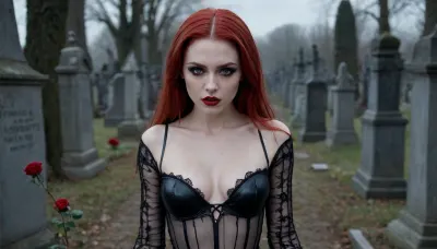 A young thin absolutely naked girl with long straight red hair, vampire bite, vampire fangs, European appearance, red eyes, deathly white skin, walks through an old abandoned cemetery, bright black lipstick on the lips, lips not closed, dark magic, Light mysterious smile, Gothic makeup, small perky breasts visible through transparent clothing, black roses, gloomy face, a giant cobweb, Bare ore, dusk, night, full moon, bat, black tight-fitting leather clothes, long nails, very high-heeled shoes, stripes, fishnet stockings. Super realistic, white skin, blush, very detailed face, perfect lighting, clear image, ultra-detailed images, bright red eyes, highest quality, <lora:FaeStyle:.5>