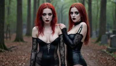 Two young thin absolutely naked girls with long straight red hair, vampire bite, dark path in the forest, vampire fangs, European appearance, red eyes, kiss a girl, deathly white skin, stuck out her tongue, heavy rain, sparkling look, walks through an old burned cemetery, bright black lipstick on the lips, lips not closed, dark magic, Light mysterious smile, Gothic makeup, black roses, gloomy face, a giant cobweb, evil face, Bare ore, dusk, night, full moon, bat, black tight-fitting leather clothes, long nails, very high-heeled shoes, stripes, fishnet stockings. Super realistic, white skin, blush, very detailed face, perfect lighting, clear image, ultra-detailed images, bright red eyes, highest quality, perfect small boobs, perfect small titts