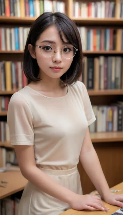 Big breasts, C cup, narrow face, Asian, bookstore clerk, bookstore uniform, short black hair, round gold-rimmed glasses, (((small face))), (young girl:1.7), girl, 18 years old, model, makeup, cute, attractive, petite, snub nose, thigh-high stockings, (long hair:1.2), in a soft, (transparent:1.5), (side view:1.5), (looks at me:1.6), (((skinny))), (big eyes)